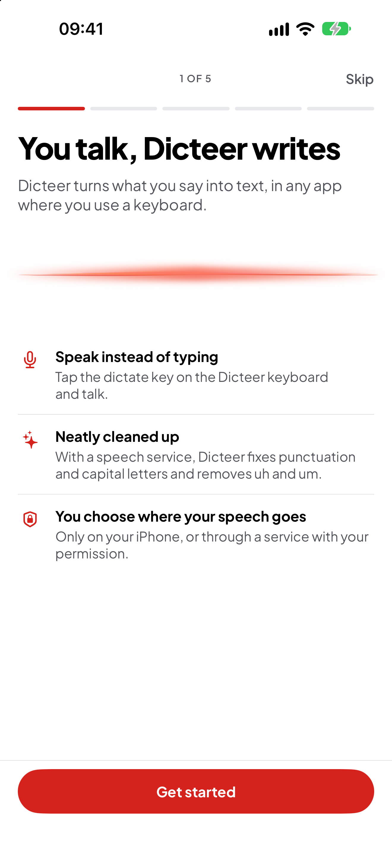 Dicteer, welcome screen: Talk, Dicteer writes