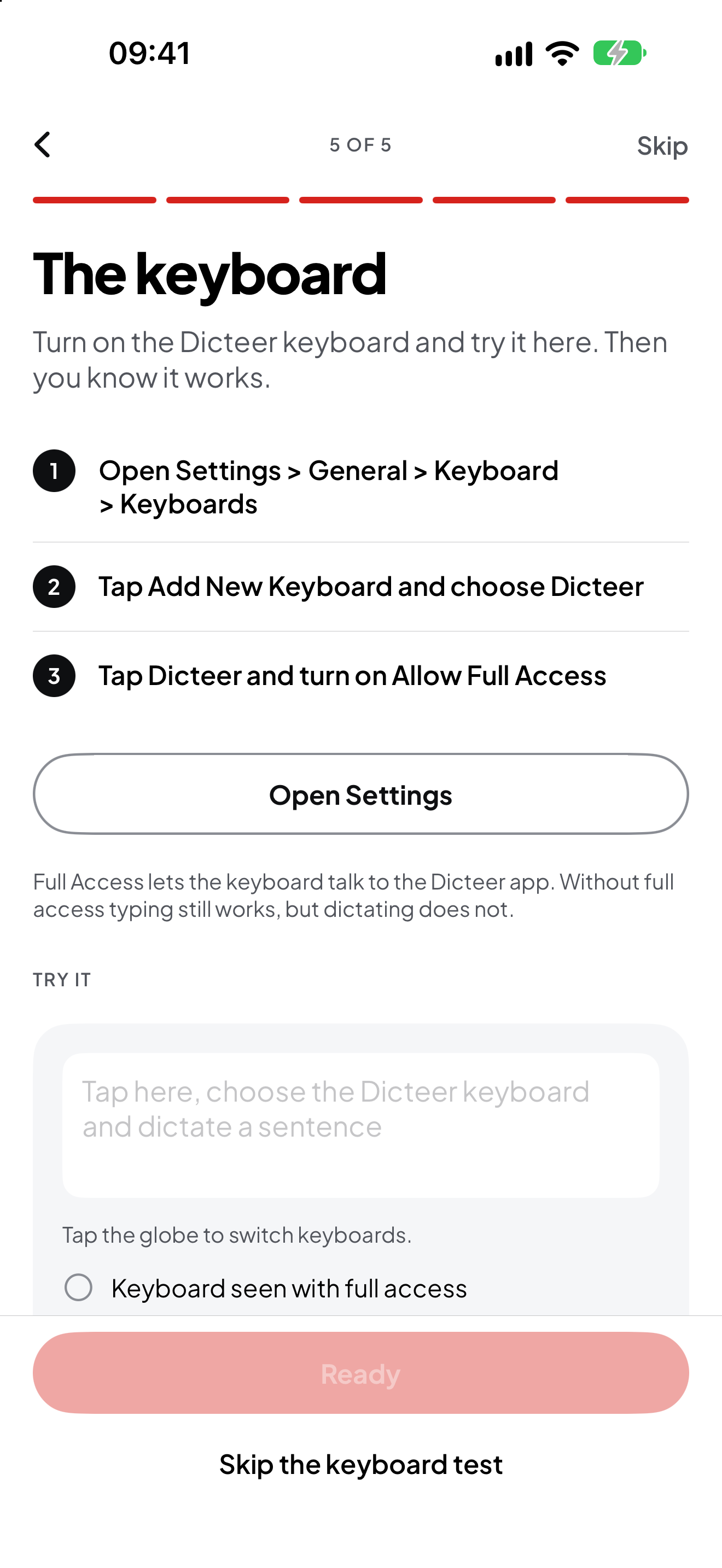 Dicteer, setting up the keyboard