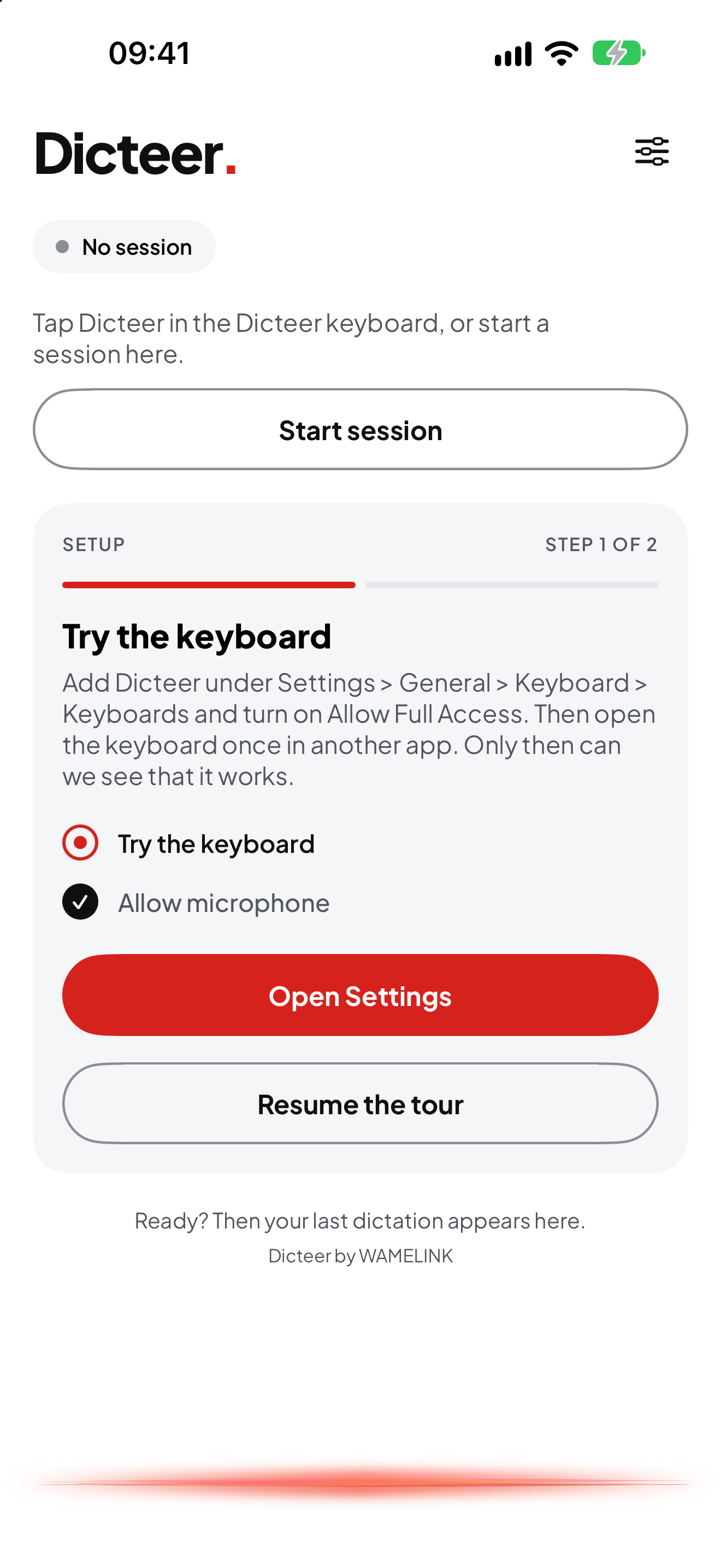 Dicteer, the home screen of the app